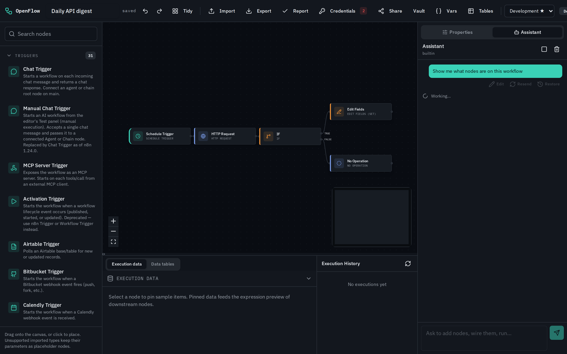 OpenFlow visual workflow editor with node palette, canvas graph, and AI assistant panel