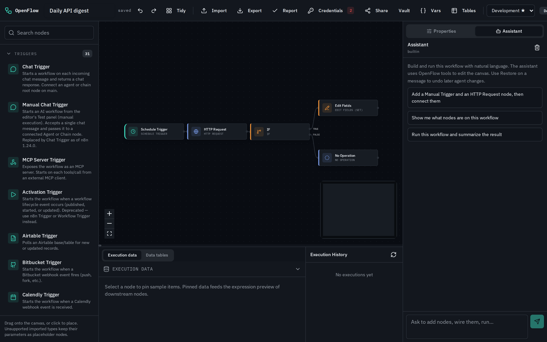 OpenFlow canvas showing Schedule Trigger, HTTP Request, IF, and branch nodes