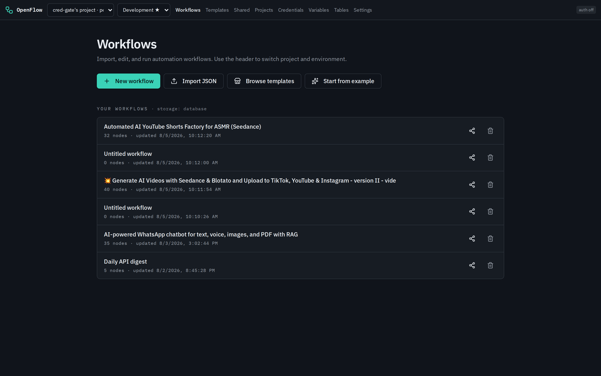 OpenFlow workflows list with new, import, and template actions