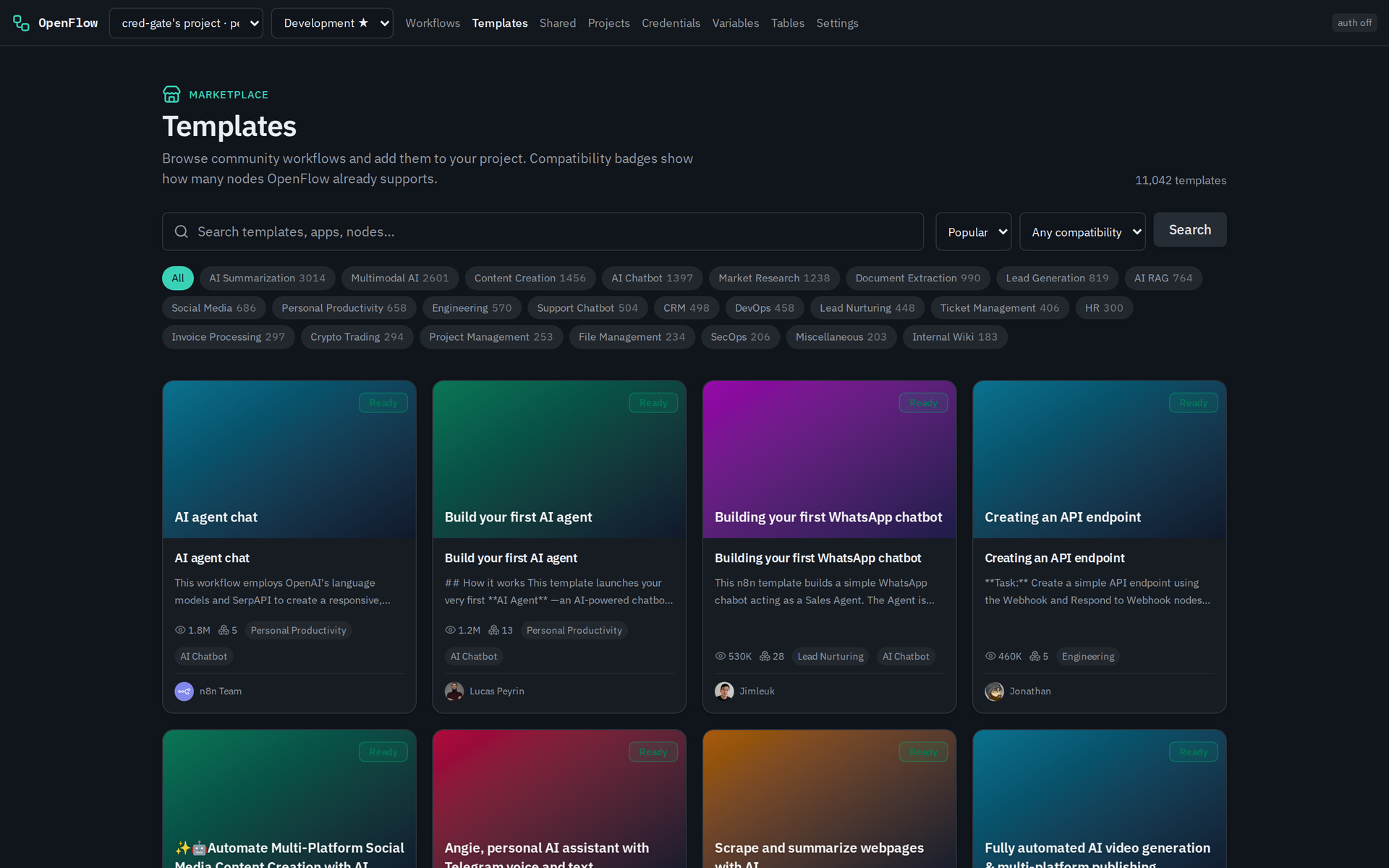OpenFlow template marketplace with community workflow cards